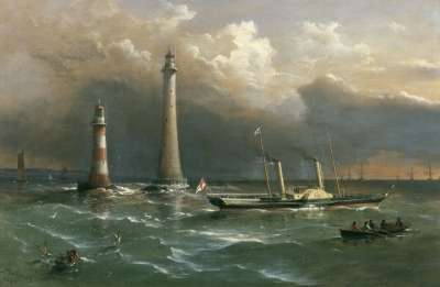 Image of HMS “Vivid” Passing the Old and New Eddystone Lighthouses, the Channel Squadron in the Distance