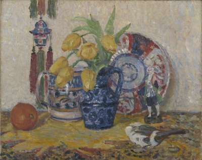 Image of Still Life: Tulips in a Blue Jug