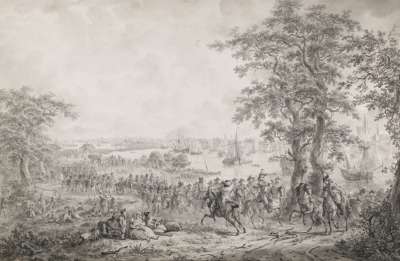 Image of A River Scene with Shipping and Troops on the Bank