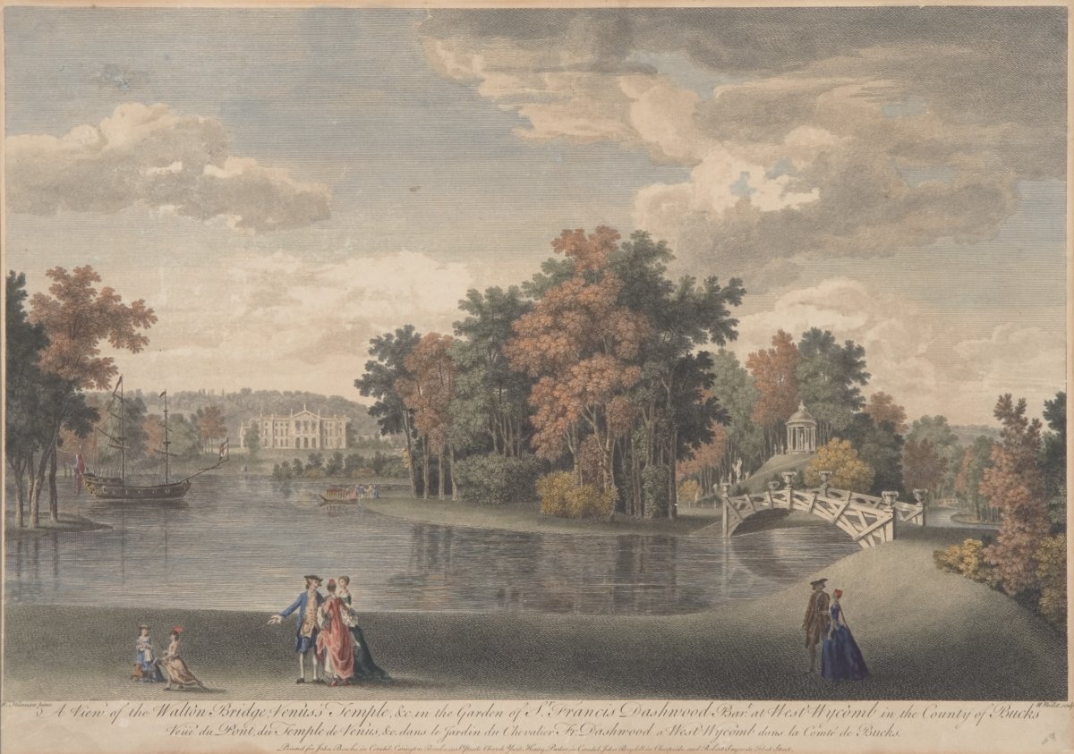 Image of A View of the Walton Bridge, Venus’s Temple, etc. in the Garden of Sir Francis Dashwood Bart at West Wycomb in the County of Bucks / Veüe du Pont, du Temple de Venus, etc. dans le Jardin du Chevalier Fr. Dashwood a West Wycomb dans la Comté de Bucks.