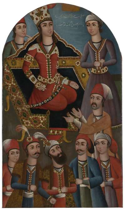 Image of Yusuf on the throne with servants and officials