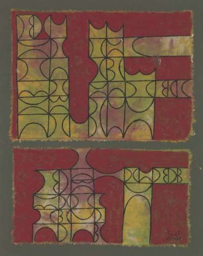 Image of Composition in Lime Green on a Crimson Background