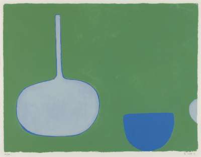 Image of Bottle and Bowl, Blues on Green