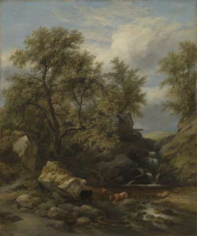 Image of Rocky Landscape with Waterfall and Cattle