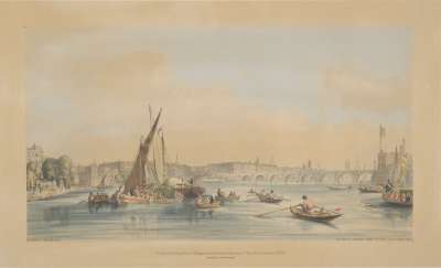 Image of Waterloo Bridge from the West with a Boat Race