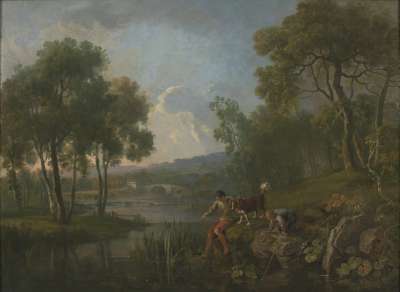 Image of Landscape with Two Boys and a Dog by a River