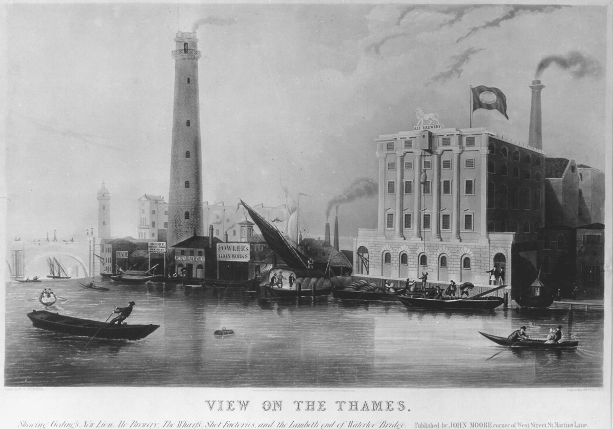 Image of View on the Thames, showing Goding’s New Lion Ale Brewery, The Wharves, Shot Factories, and the Lambeth End of Waterloo Bridge