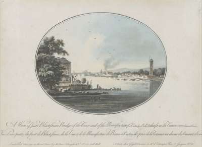 Image of A View of Part of Blackfriars Bridge, of the Tower and of the Manufacture for Cartridge Balls, taken from the Terrace over Somerset House / Vue d’une partie du Pont de Blackfriars, de la Tour & de la Manufacture de Baues a Cartouche prise de la Terrasse aud dessus de Somerset House