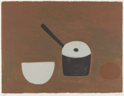 Image of White Bowl, Black Pan on Brown