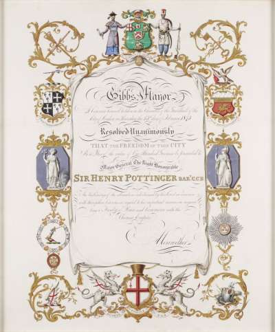 Image of Manuscript certificate recording gift of the Freedom of the City of London to Sir Henry Pottinger, 1845