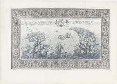 Image of IV: De Valdez’s Galleon springs her Foremast, and is taken by Sir Francis Drake. The Lord-Admiral with the Bear and Mary Rose, pursue the Enemy, who are in the Form of a Half Moon