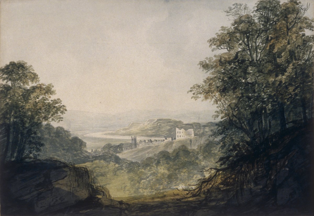 Image of Landscape with River, Castle Ruin, Village & Church