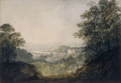 Image of Landscape with River, Castle Ruin, Village & Church