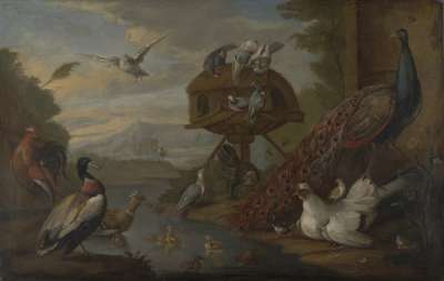 Image of Peacocks and other Birds in a River Landscape