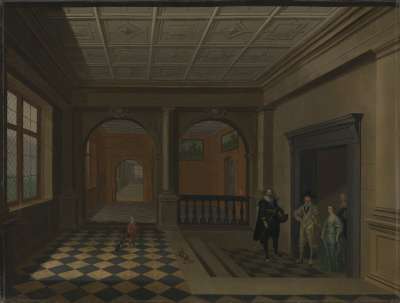 Image of An Interior with King Charles I, Queen Henrietta Maria, Jeffery Hudson, William Herbert, 3rd Earl of Pembroke and his brother Philip Herbert, later 4th Earl of Pembroke