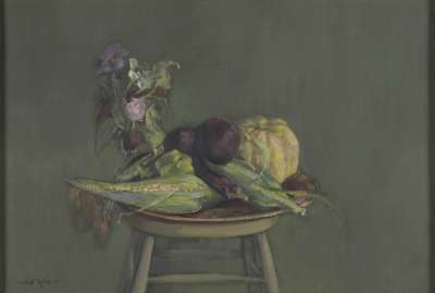 Image of Still Life, Aubergines and Corn Cob