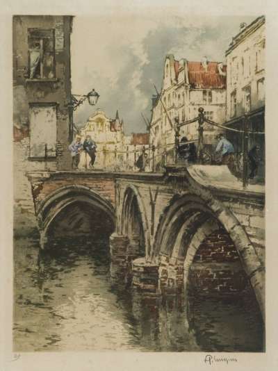 Image of Men on Bridge over Canal, Belgium