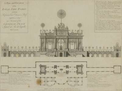 Image of A Plan and Elevation of the Royal Fire Works as it was Perform’d in St. James’s Park, April the 27 1749 on Account of the General Peace Signed at Aix la Chapelle, October 7, 1748