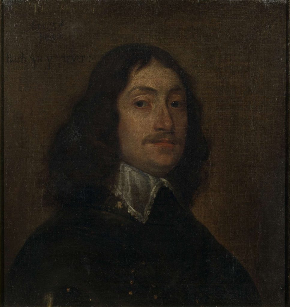 painting of a half length portrait of a man with long hair and moustache