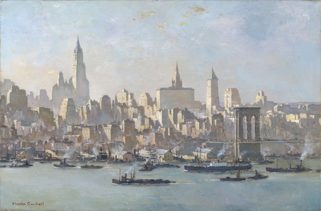 A painting showing a vista of the East River with Manhattan beyond