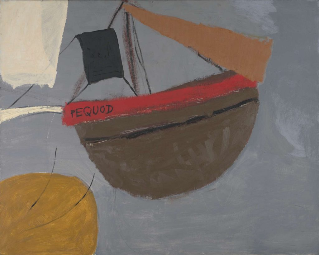 A painting showing a stylised representation of a ship with 'Pequod' written on its side