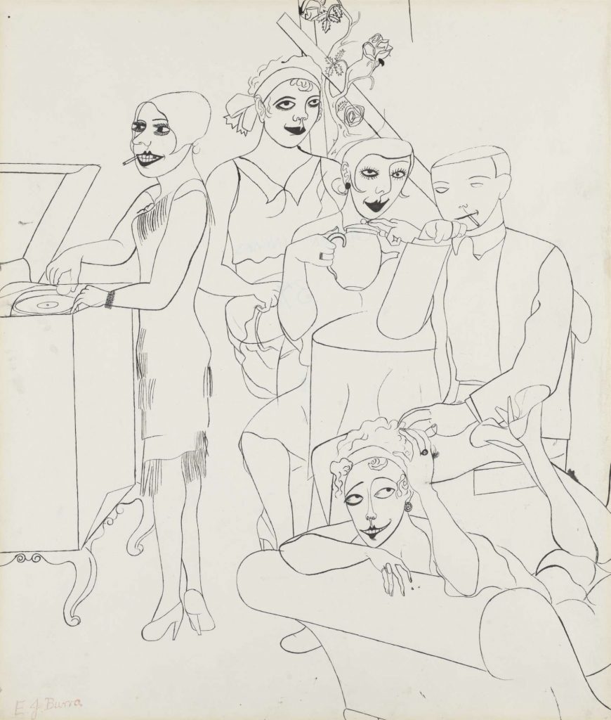 A drawing of four women and a man listening to music on a record player, relaxing, smoking, and drinking tea