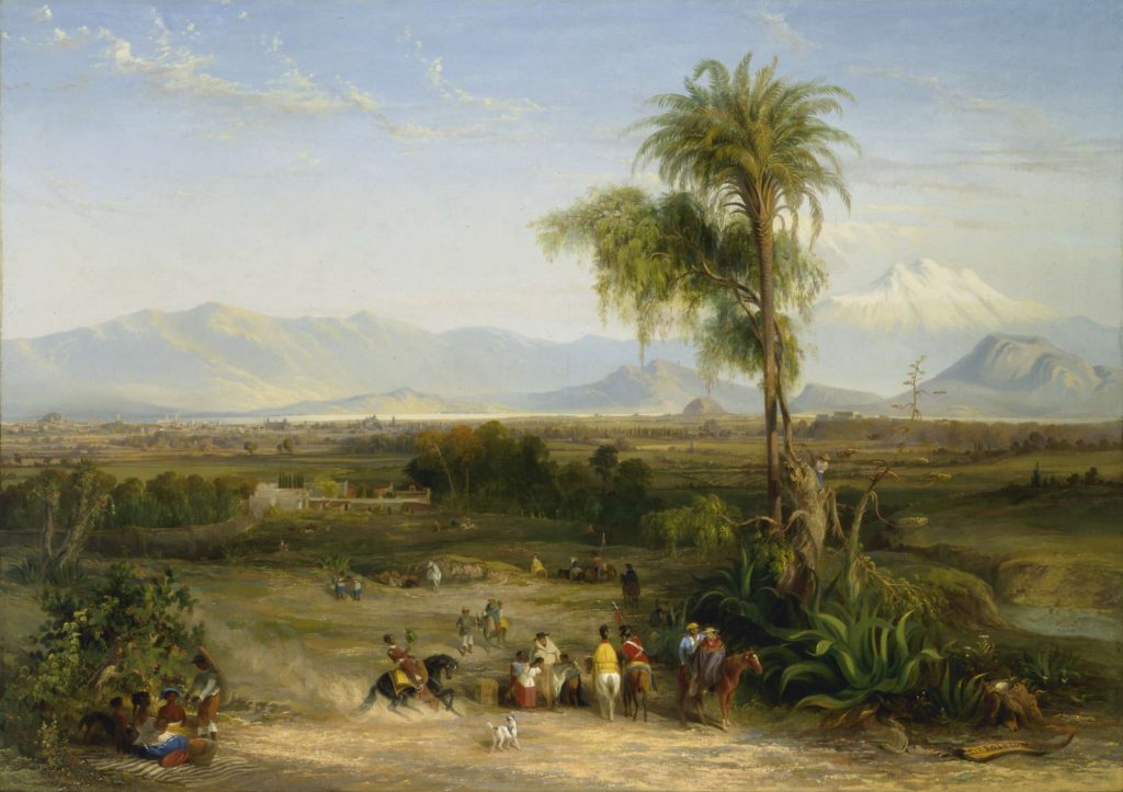 View of a landscape with figures, horses and a dog in foreground next to a large tree. Mountain range in the distance