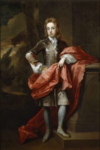 17th century portrait of a young boy with red silk around him