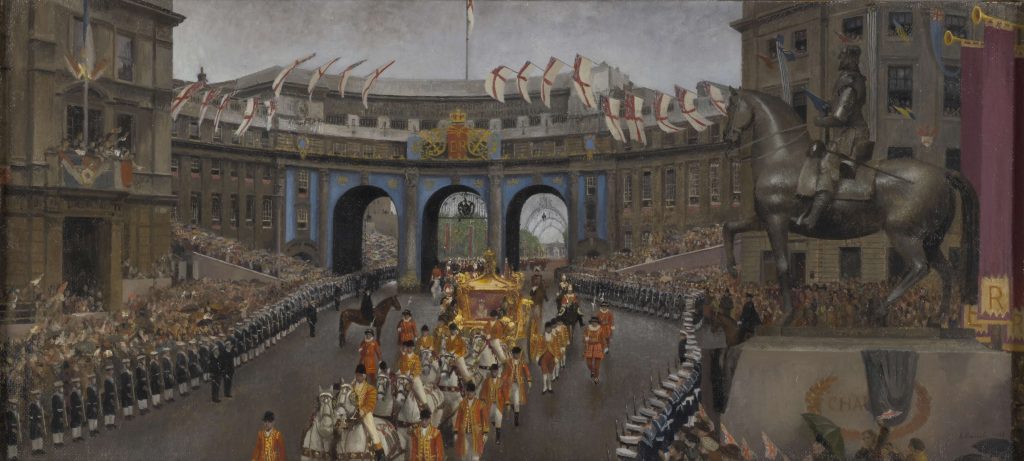 a coronation procession moving through Admiralty Arch in London