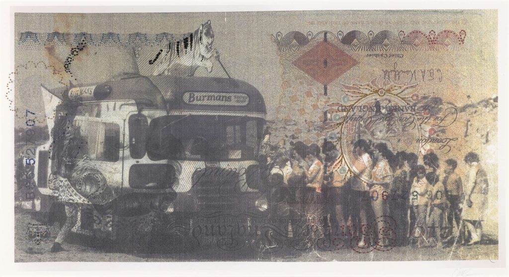 An ice-cream van with a queue of holidaymakers. On top of the van is a sign in the shape of a tiger. The image is printed over imagery derived from the British £10 banknote.