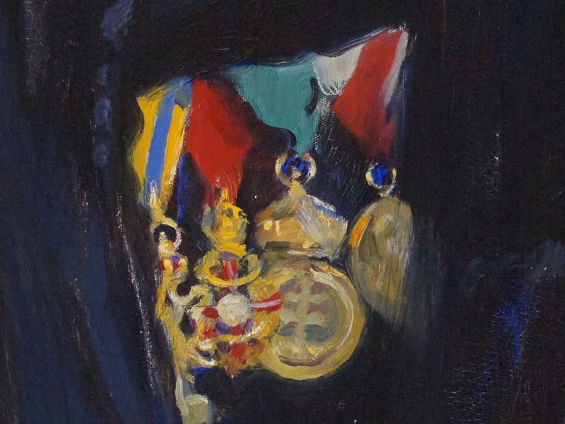 detail from a painting showing four medals