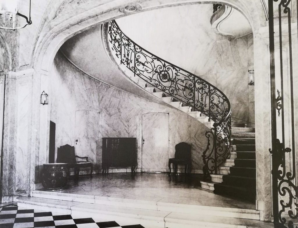 A marbled spiralled staircase in the British Residence in Budapest in 1925