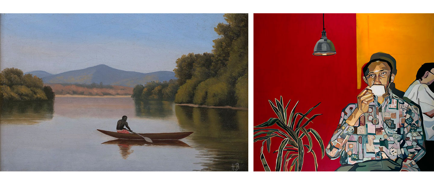 Two works from the Collection side by side, left: View on the Kwanga River with Native in a Canoe by Henry Bailey. Right: Man drinking coffee by Joy Labinjo