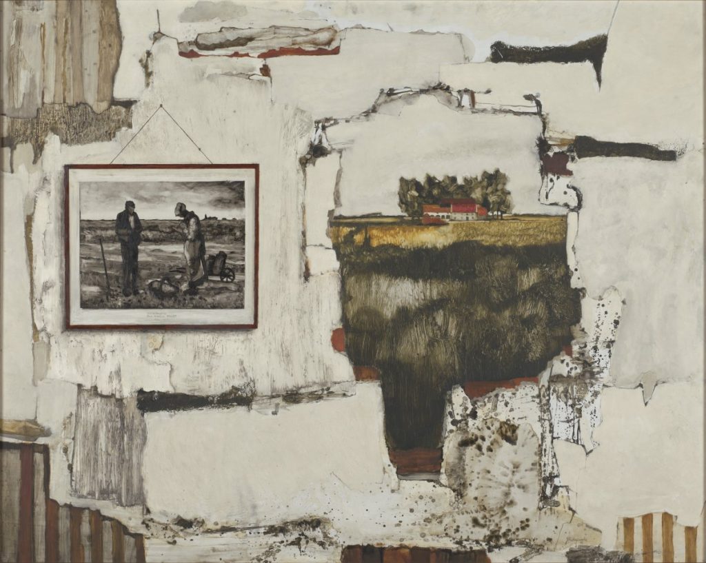 an old decrepit wall with a painting on it