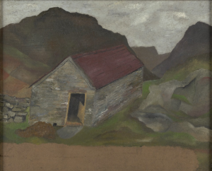 A small house with a red roof, against the backdrop of a dark and gloomy landscape.