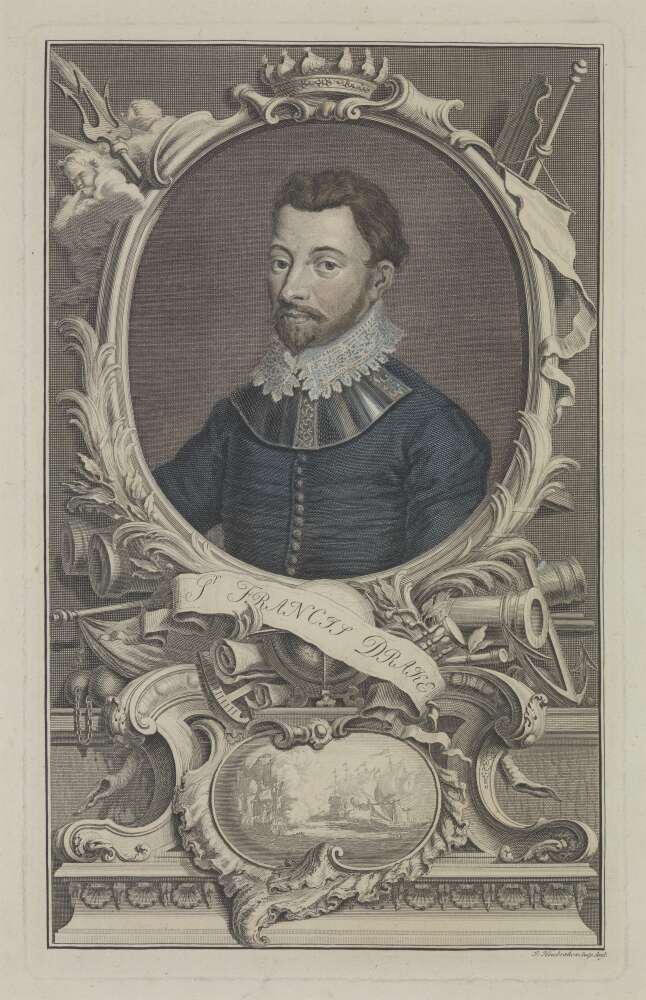 This engraved portrait depicts a man with a moustache and beard, wearing an elaborate ruffled collar and doublet tunic. The portrait is framed by an ornate, carved border featuring decorative scrollwork, cherub figures, banners, and coats of arms. Below the central image is a smaller oval vignette showing what appears to be a landscape scene or view of a town.