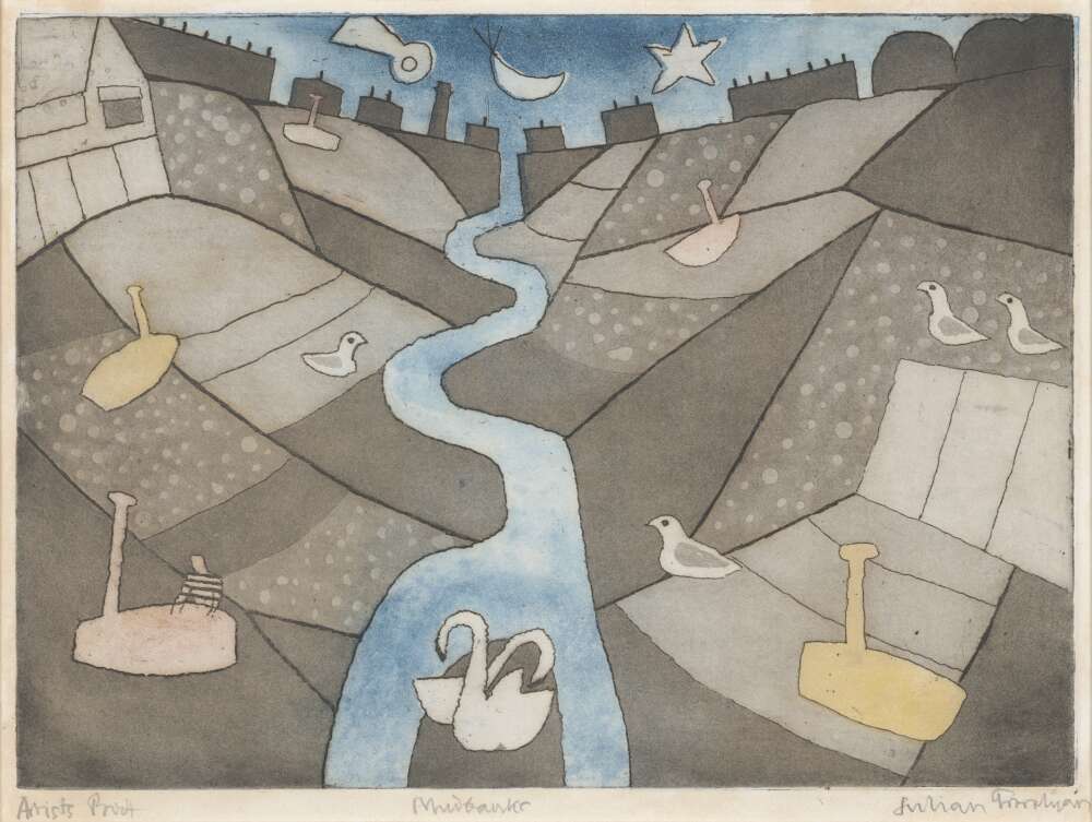 An imaginary, abstract landscape reminiscent of mountains, buildings, and a winding river or path. The image has a muted colour palette dominated by shades of brown, grey, and blue. Scattered throughout the landscape are white bird-like figures, shovels or spades, and stars and a crescent moon suspended in the blue sky or river area.