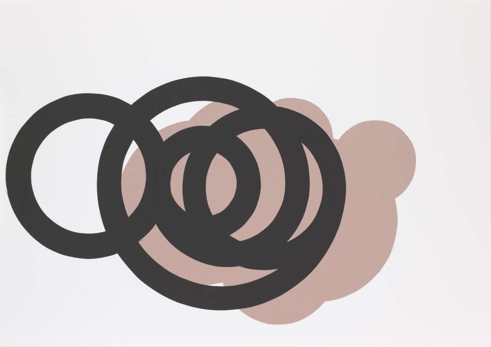 Five black circles sit on top of one another, against a pink cloud-like shape, against a beige background