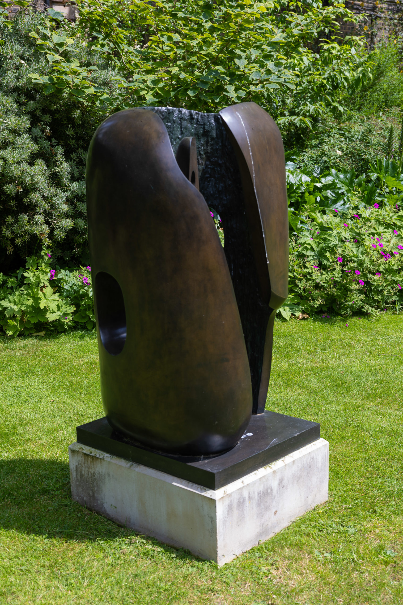 A bronze sculpture by Barbara Hepworth in the garden of 10 Downing Street, London