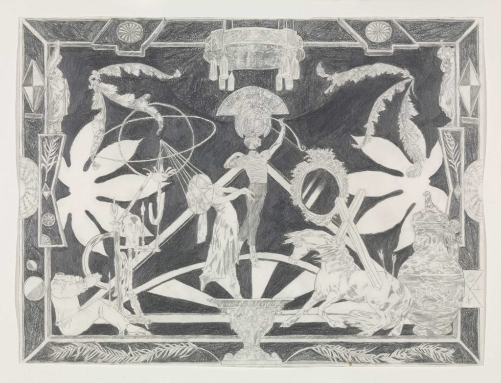 A black and white, detailed drawing of human-like figures, animals and leaves and shapes