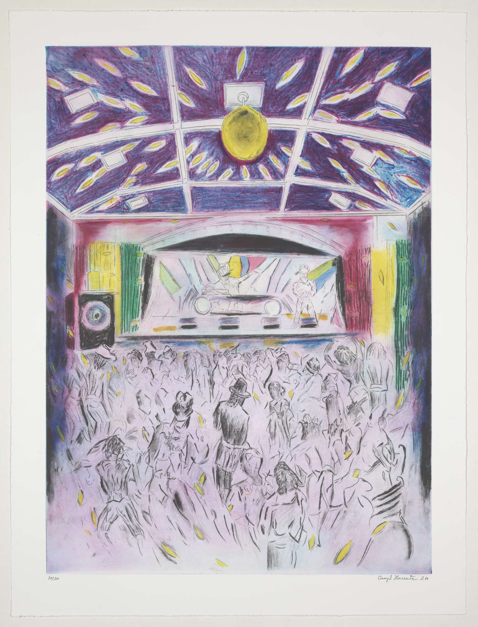 An etching of a nightclub scene. In the background, and in the centre of the composition, a DJ is shown on stage behind a pair of decks. He is surrounded by flashes of colour, and a large speaker sits to the left. In the foreground a crowd face towards the stage and are dancing to the music. The figures are made up of loose black lines suggesting energy and movement. In the top third of the print, a large light hangs from the ceiling, emitting yellow flickers of light on the purple, blue ceiling and onto the figures below.