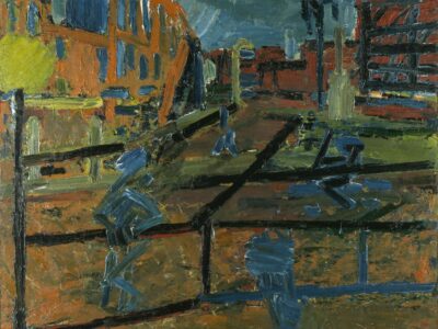 In this view of Mornington Crescent in north London, Frank Auerbach has depicted the street in his characteristically thick, buttery strokes. A pelican-crossing beacon frames the painting on the left, while schematically painted blue figures appear to stroll past heavy black railings.