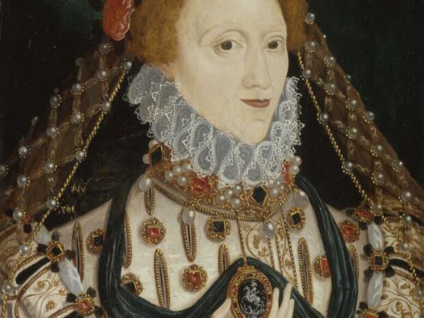 A portrait of a woman (a queen) with red hair and an elaborate collar